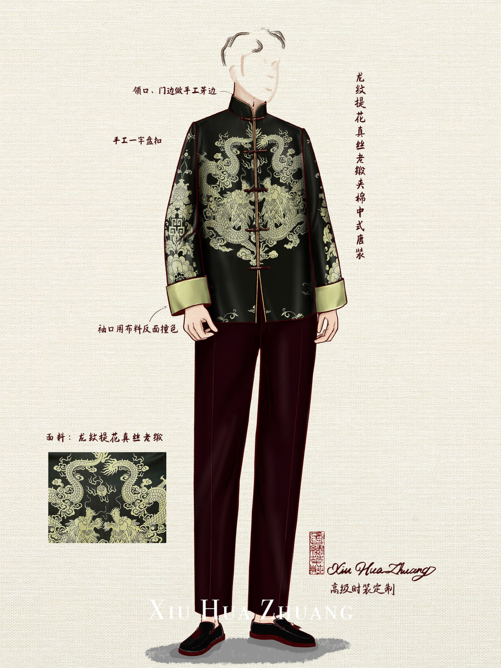 Dragon Jacquard Antique Satin Quilted Tang Suit 绣华莊