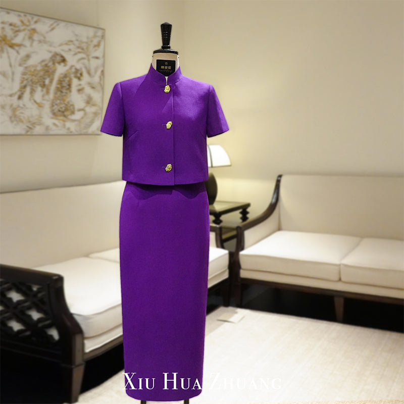 紫罗兰真丝羊毛乔其短上衣半身裙套装 My Store