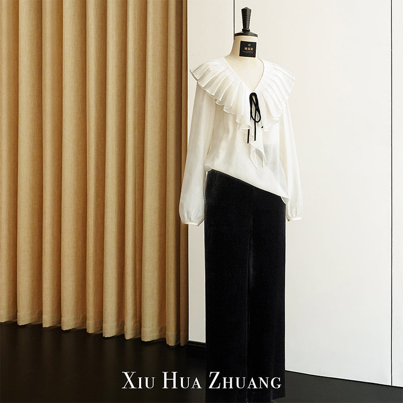 奶昔白色丝绵欧根缎荷叶领上衣X2329 My Store