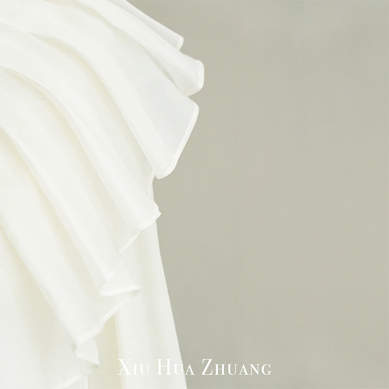 奶昔白色丝绵欧根缎荷叶领上衣X2329 My Store