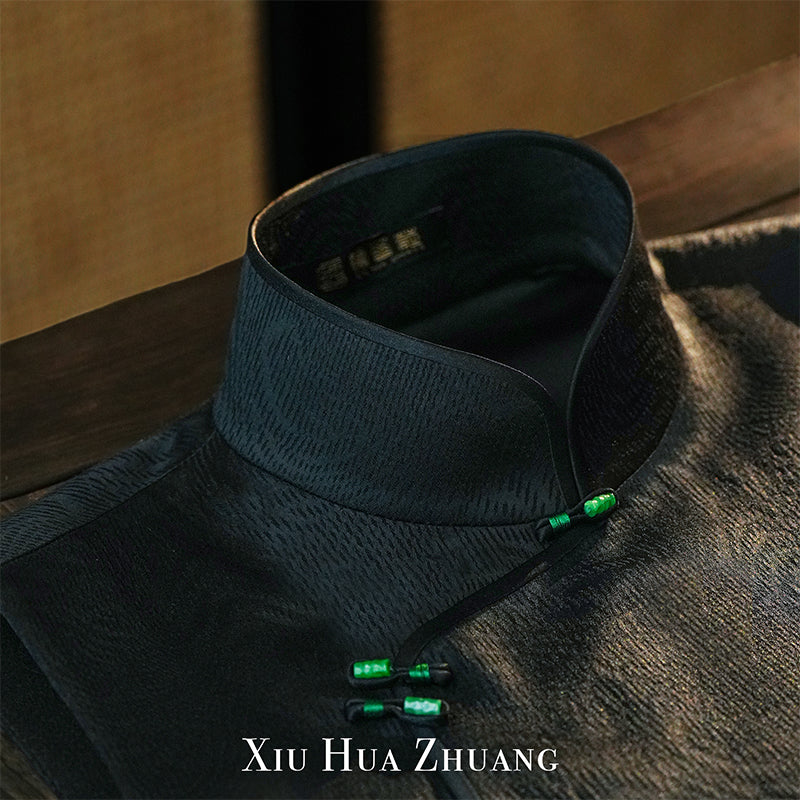 法国进口雅黑色摩尔纹提花无袖旗袍X23188 My Store