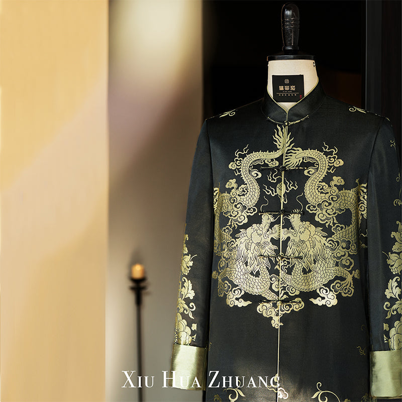 苍葭色双龙纹提花老缎夹棉男士唐装外套 绣华庄