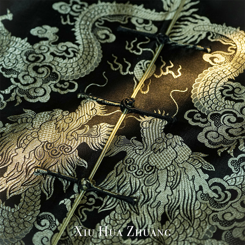 苍葭色双龙纹提花老缎夹棉男士唐装外套 绣华庄