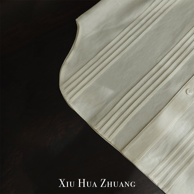 本白色进口亚麻手工活褶立领衬衫 绣华庄