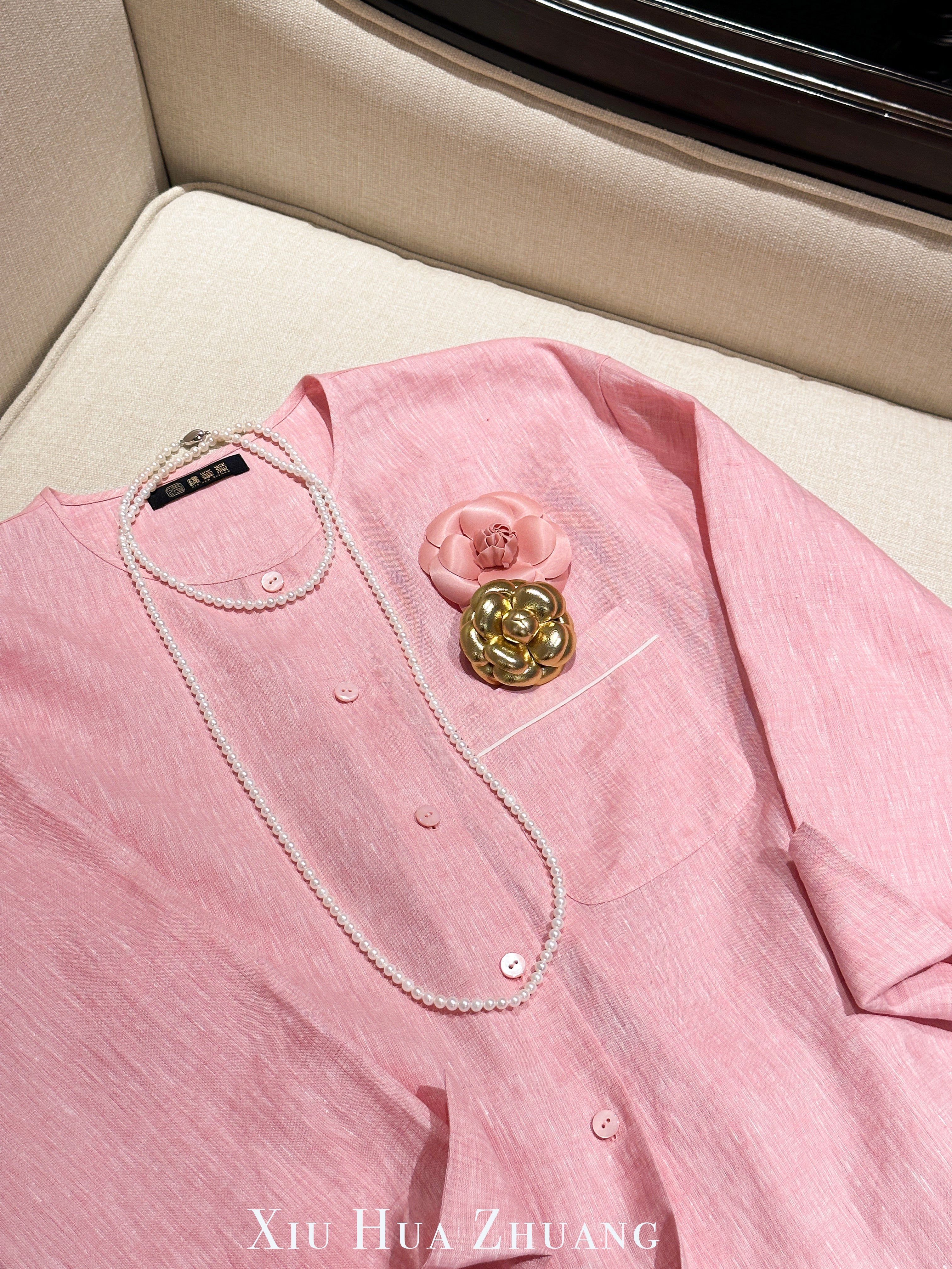 粉黛色意大利Loro Piana亚麻圆领鸭尾衬衫 绣华莊